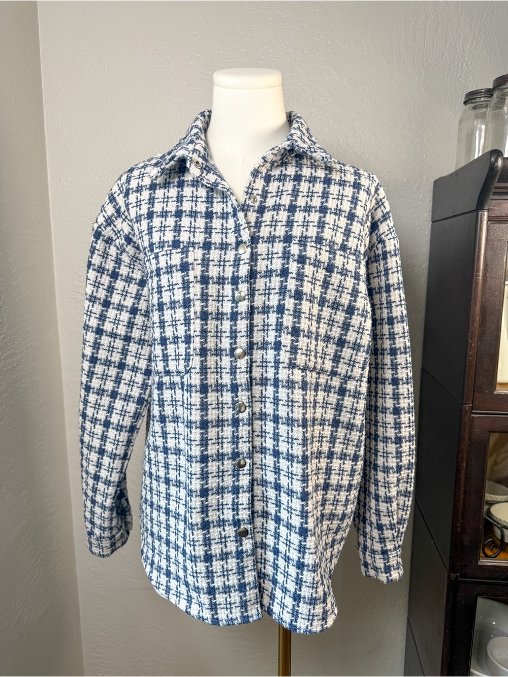Princess Polly Plaid Shacket Jacket Blue & White Oversized Button Front Size S/M